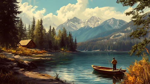 Mountain lake scene depicts fisherman in rowboat near cabin