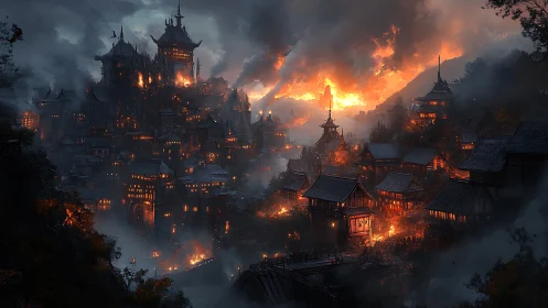 Medieval Fantasy Castle Engulfed in Fire and Smoke