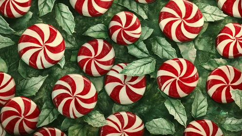 Peppermint Candy Pattern Against Green Foliage. Festive.