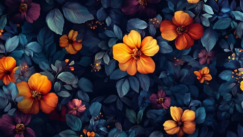 Vibrant floral composition with golden blooms on dark botanical background