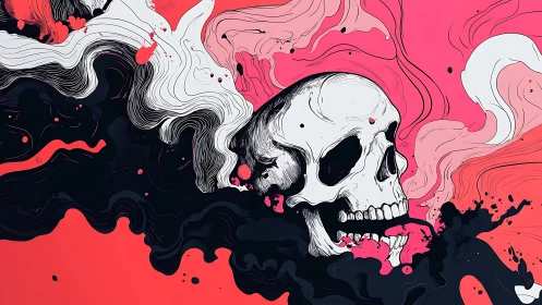 Skull adrift in neon smoke tides of pink and midnight ink.