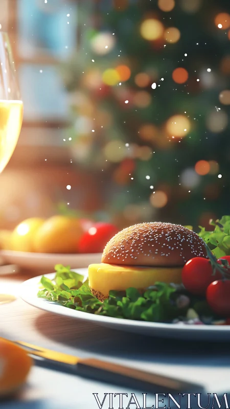 Cozy holiday burger plate glowing in soft festive lights.