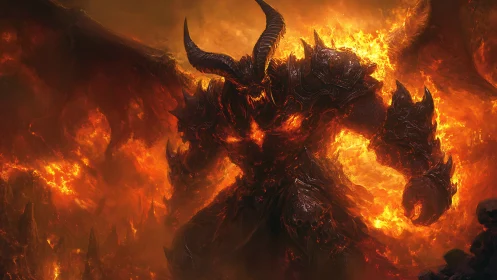 Infernal titan strides through roaring fire with burning power