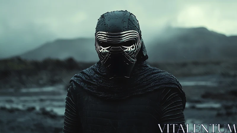 Masked warrior stands in stormy wasteland under dull sky