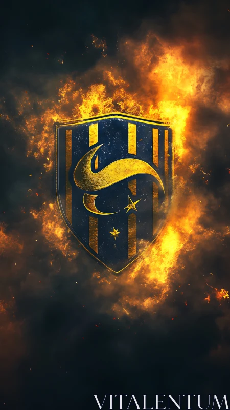 Fiery gold and blue crest burns through dark smoke