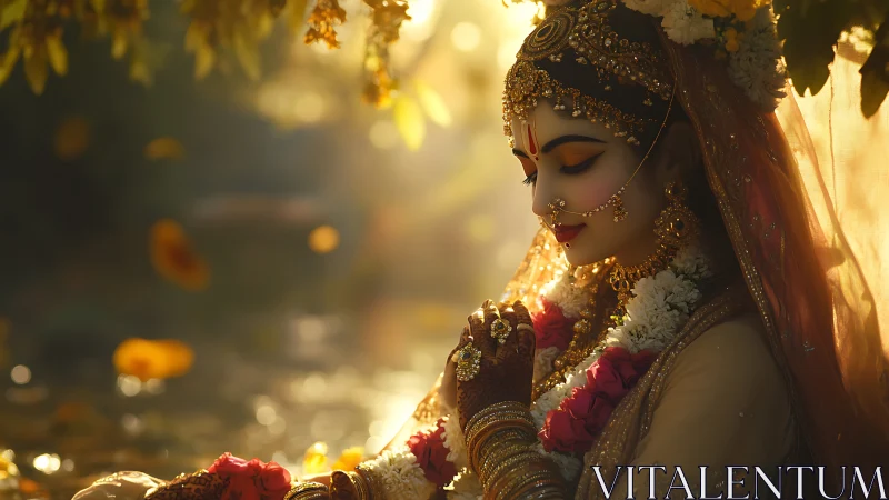 Divine bride bows in golden forest light, petals drifting
