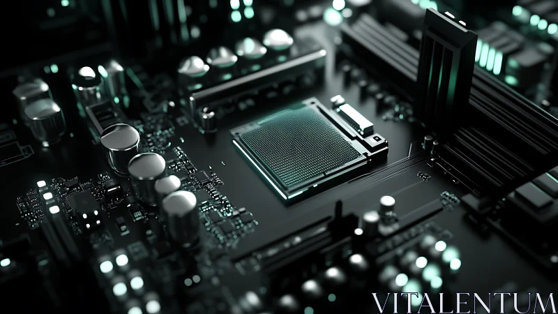 Luminous microprocessor socket amid high-density PCB topology.