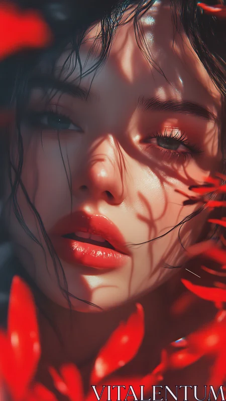 Hyperreal portrait unites soft facial contours and scarlet flora