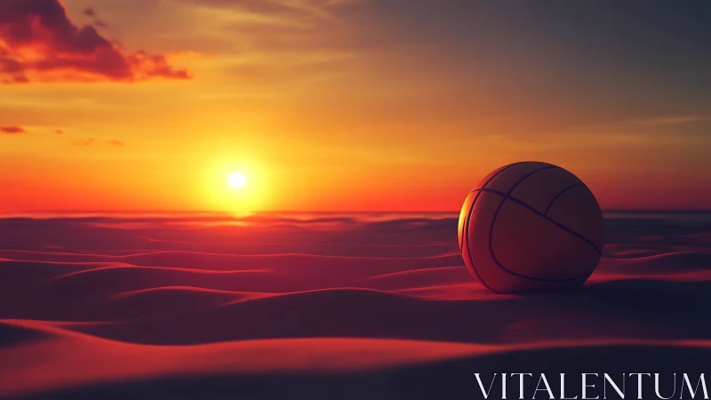 Basketball resting on stylized dunes under saturated sunset light
