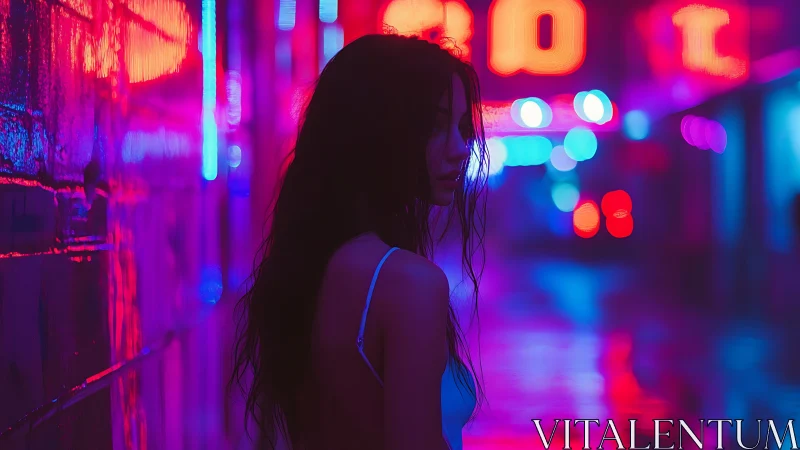 Neon-saturated alley portrait with shallow depth and bokeh glow.