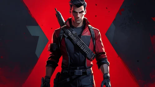 Stylized cyberpunk operative in red-black tactical framing.