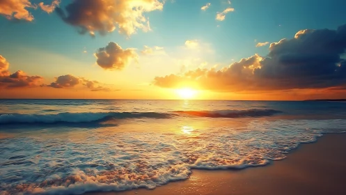 Sunlit surf drapes the shoreline in molten horizon glow.