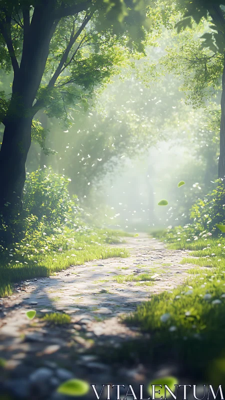 Sunlit Forest Path Where Nature Whispers Welcome.