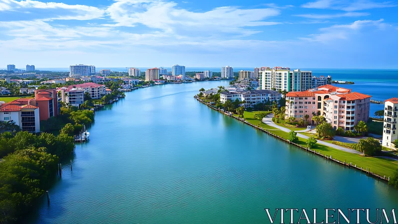 Coastal canal skyline with modern waterfront condos at bayfront.