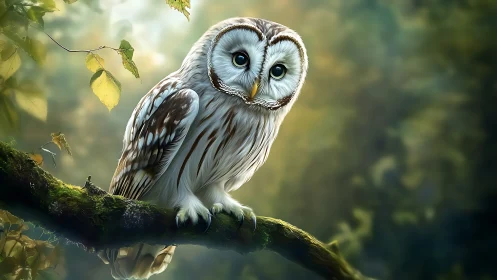 Realistic owl perched on mossy branch in dreamy forest scene.