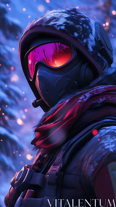 Armored winter scout with red visor in snowy forest scene.