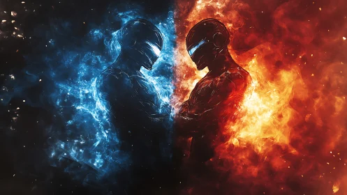 Opposed humanoid figures in blue and red elemental fields.