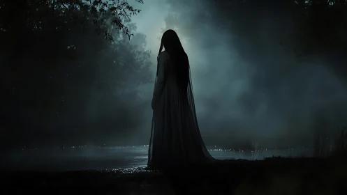 Backlit robed silhouette stands by misty lakeshore in nocturnal haze