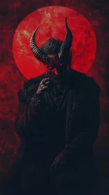 Horned humanoid silhouette before red lunar backdrop.