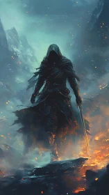 Hooded blade-walker strides through molten twilight ruin.