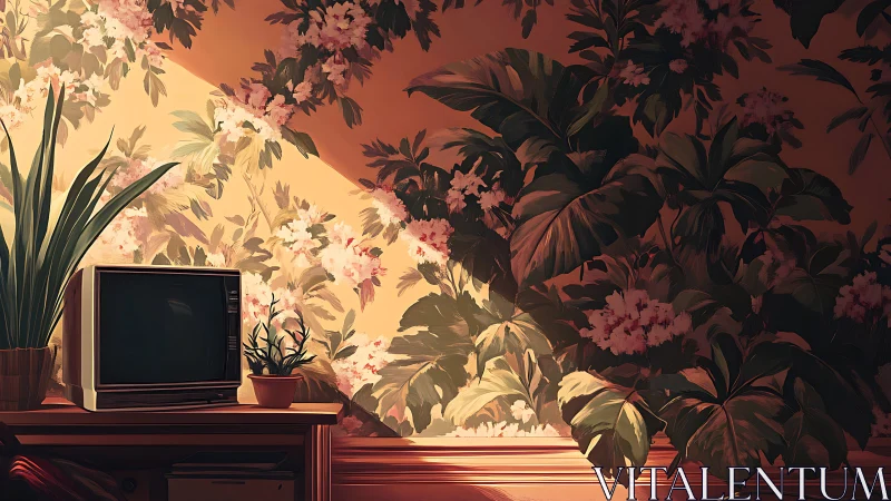 Retro CRT television in sunlit room with dense floral wallpaper