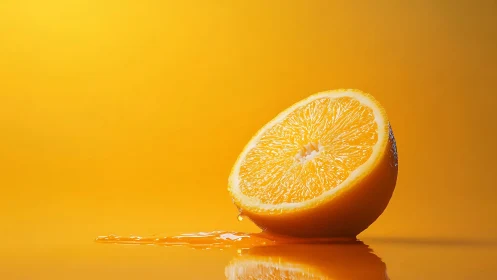 Half orange on reflective surface with juice against yellow field.