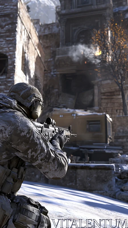 Tactical sniper advances through frozen urban combat zone.