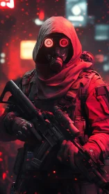 Red-hooded futuristic soldier stands ready in burning city glow