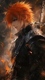 Firelit anime swordsman in black battle armor broods.
