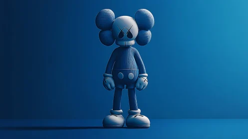 Blue vinyl skull-headed toy stands under directional light