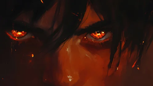 Fiery-eyed warrior portrait in dramatic digital painting.