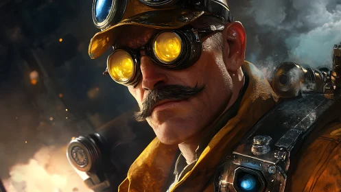 Steampunk technician portrait shows detailed gear and lighting