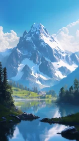 Snow-covered mountain peak rises above reflective alpine lake