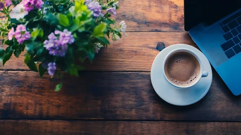 Overhead composition pairs coffee, laptop and blooms on rustic wood
