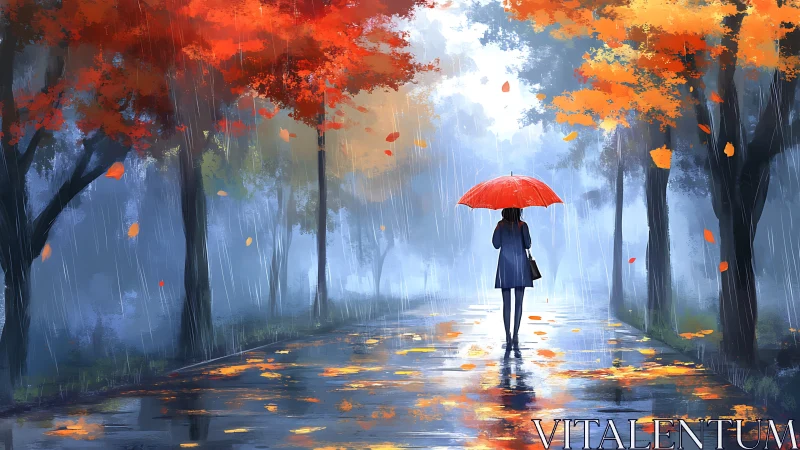 Scarlet umbrella brightens a quiet walk through rainy autumn