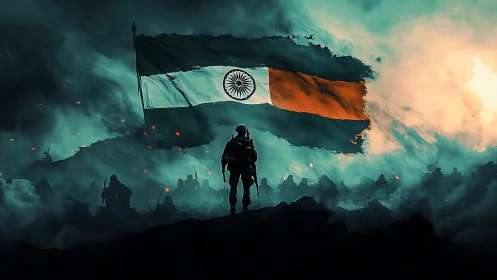 Soldier stands before Indian flag in smoky battlefield scene