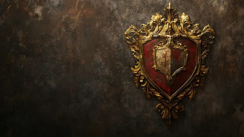 Ornate golden heraldic shield glows against weathered wall.