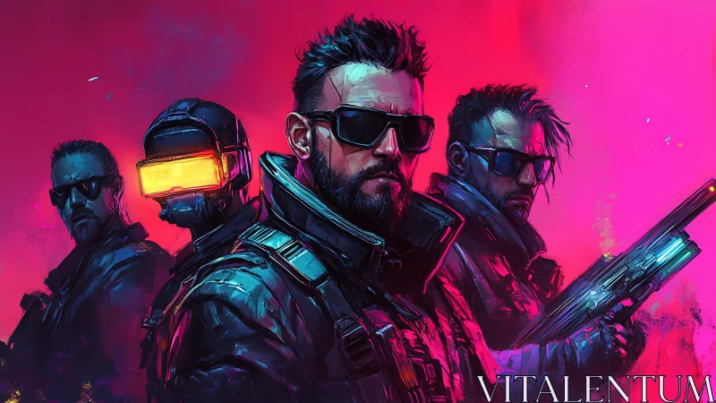 Cyberpunk strike team stands against neon pink skyline.