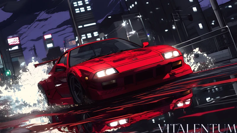 Red sports car drifting on wet urban street at night.