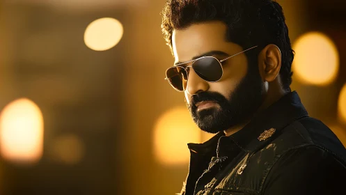 Bearded male subject in sunglasses against defocused lights.