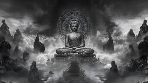 Monochrome Buddha statue above misty mountainscape portal.