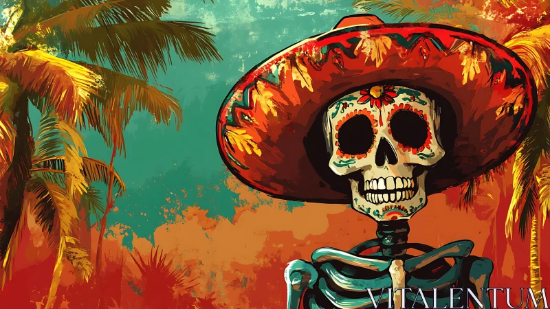 Skeleton with sombrero in tropical palm landscape illustration.