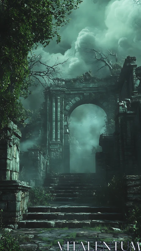 Ancient stone gate rises through mist in haunted forest ruin