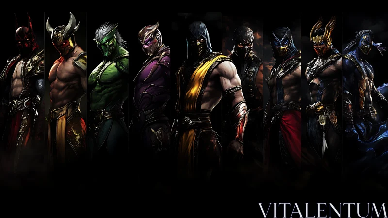 Bold masked warriors lined in dramatic, glowing armor.