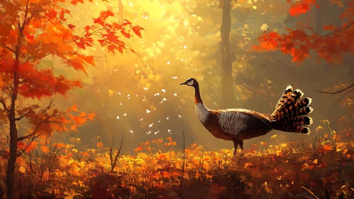 Autumn forest pheasant struts through molten gold sunlight.