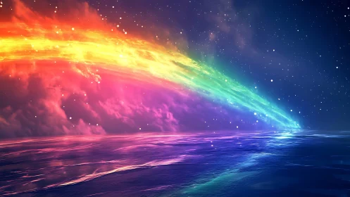 Multicolor spectral arc intersects reflective ocean horizon