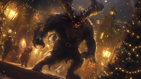 Krampus entity disrupting high-luminance festive streetscape.