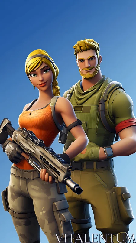 Battle buddies in bright sky swagger, locked and loaded.