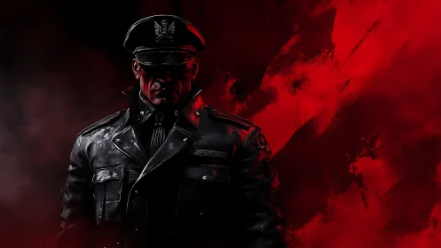 Authoritarian officer in hard light against abstract red haze