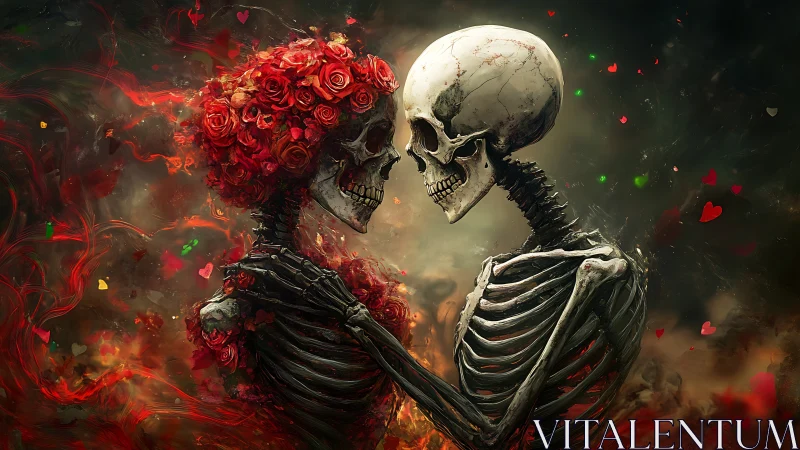 Two skeletal lovers embraced amid red roses and hearts.